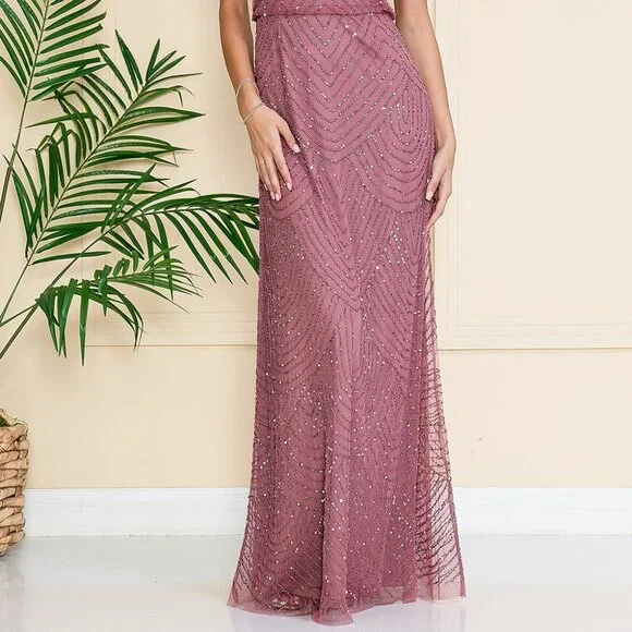 NEW LONG OFF THE SHOULDER SLEEVELESS EMBROIDERED DRESS WITH ZIPPER BACK AC IN001